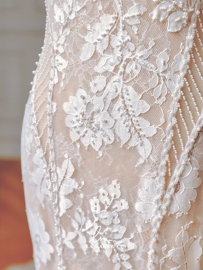 Timeless Long Wedding Gowns Mermaid Spaghetti Strap Sleeveless Lace for Bride With Pearls Fitted Train Bridal Dress AQ010