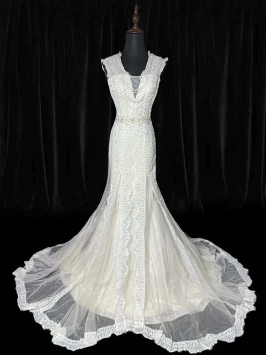 Vintage Wedding Gowns Brides Dresses 1950s 1940s Mermaid V Neckline Lace With Pearls White Petite/Plus Size Bridal Gown For Women AS010