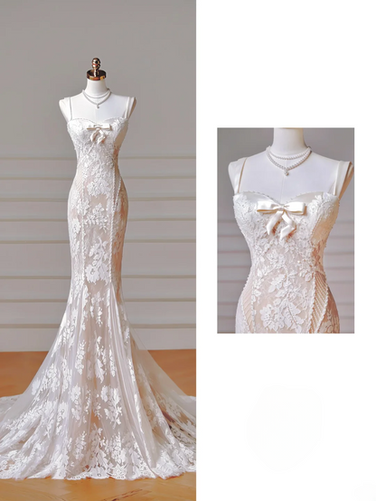 Timeless Long Wedding Gowns Mermaid Spaghetti Strap Sleeveless Lace for Bride With Pearls Fitted Train Bridal Dress AQ010