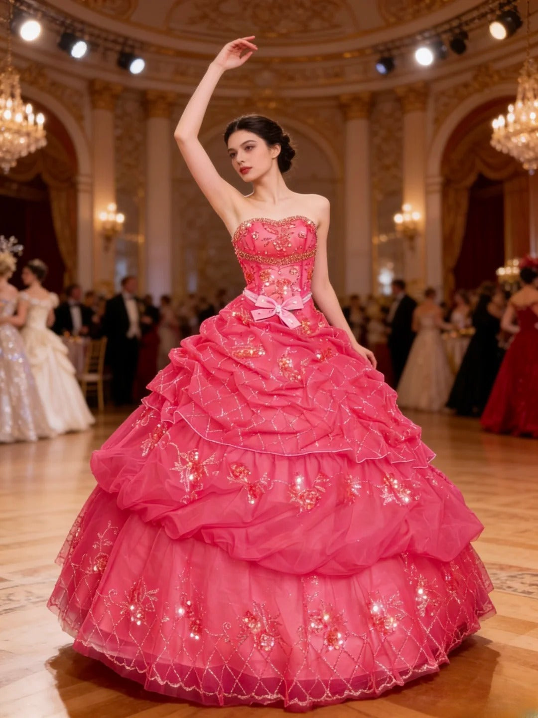 Princess Ball Gown Strapless Hot Pink With Layered Tiered Beaded Sweet 16 Dresses Quinceanera Dress RB3352