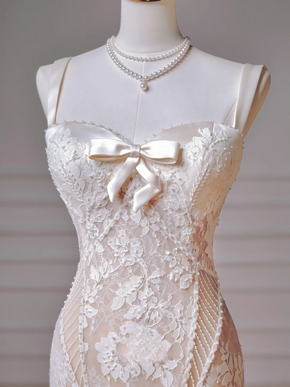 Timeless Long Wedding Gowns Mermaid Spaghetti Strap Sleeveless Lace for Bride With Pearls Fitted Train Bridal Dress AQ010
