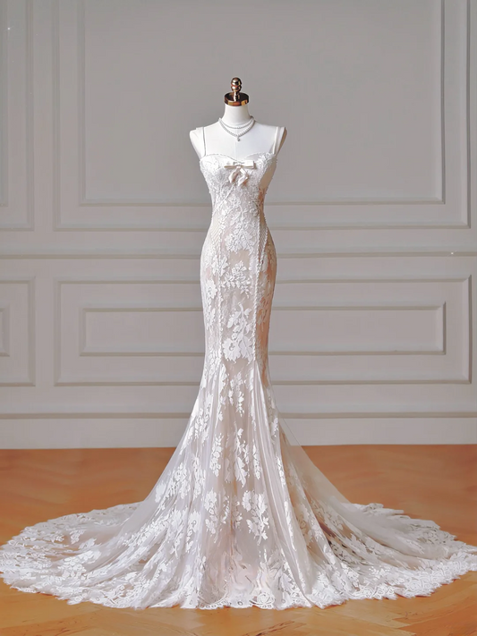 Timeless Long Wedding Gowns Mermaid Spaghetti Strap Sleeveless Lace for Bride With Pearls Fitted Train Bridal Dress AQ010