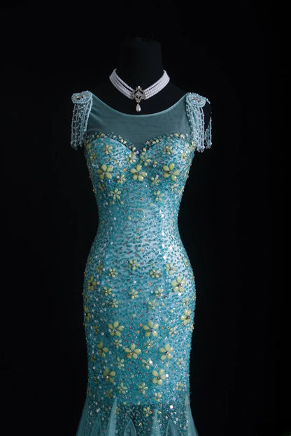 Vintage Prom Dresses 90s Formal Mermaid Scoop Neck Blue Tulle Long Party Gowns Prom Dresses AS010