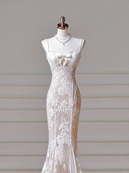 Timeless Long Wedding Gowns Mermaid Spaghetti Strap Sleeveless Lace for Bride With Pearls Fitted Train Bridal Dress AQ010