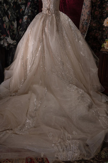 Princesses Fairytale Ball Gown Spaghetti Straps Champagne Lace Long With Beading Quince Dress Quinceanera Dresses Formal Birthday Outfits RB8035