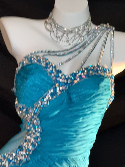 Modest Prom Dresses Mermaid One Shoulder Blue With Beading Long Evening Formal Outfits RB3353