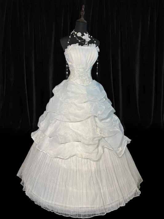 Timeless Women's Ball Gown Strapless Sleeveless White Organza Tiered Pleated With Lace Long Vintage Corset Fitted 1920s Wedding Dresses AS011