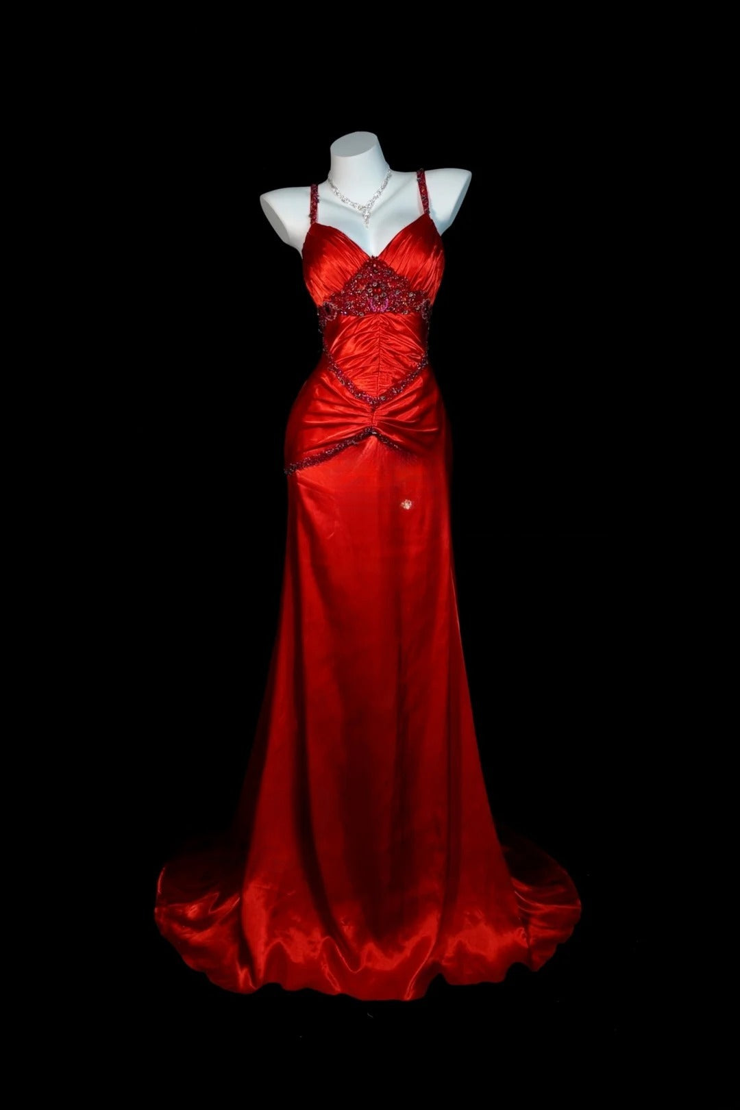 Red Prom Dress Mermaid Spaghetti Straps Satin Modest Floor Length Formal Party Gown RB9819