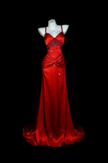 Red Prom Dress Mermaid Spaghetti Straps Satin Modest Floor Length Formal Party Gown RB9819