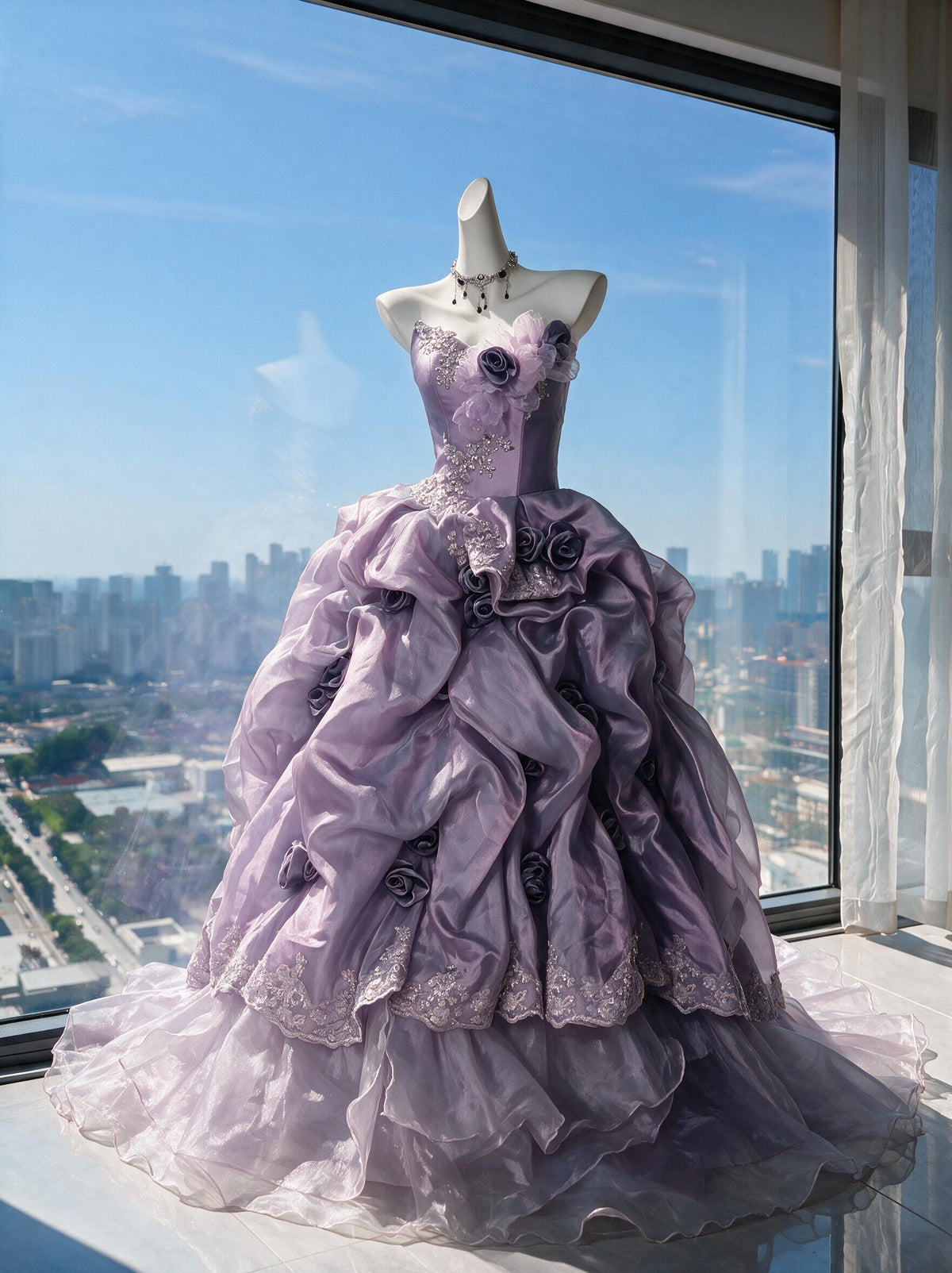 Fairy Quinceanera Dress Ball Gown Sweetheart Lilac With Flowers Tiered 16th Birthday Party Outfit RC0971