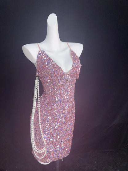 Vintage Sheath Spaghetti Strap Pink Sequin Hoco Gowns Short 16th Birthday Dress Homecoming Dresses Cocktail Gown AS011