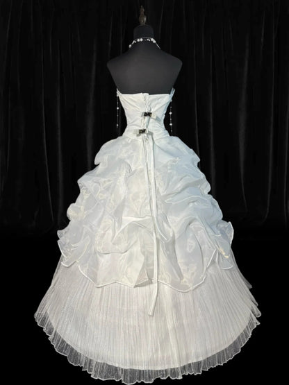 Timeless Women's Ball Gown Strapless Sleeveless White Organza Tiered Pleated With Lace Long Vintage Corset Fitted 1920s Wedding Dresses AS011