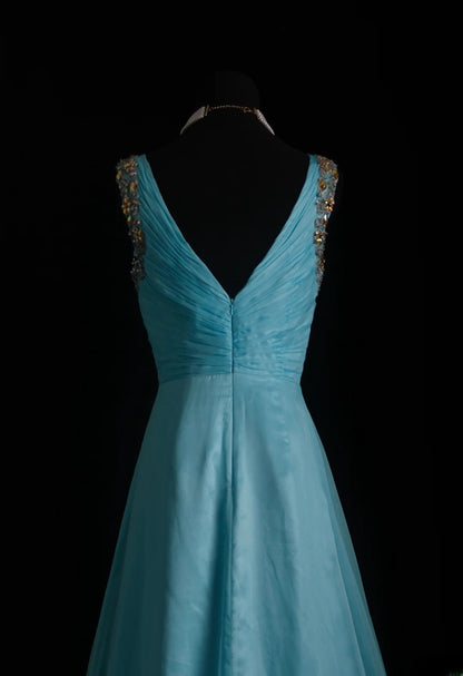 Vintage Prom Dresses 90s Formal A line V Neck Blue Chiffon Long Party Gowns Prom Dresses AS011