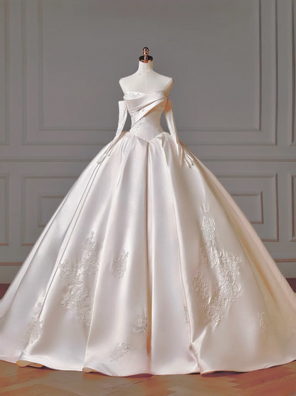 Princess Long Wedding Gowns Ball Gown Sweetheart Pleated Tulle for Bride With Removable Sleeves White Bridal Dress AQ011