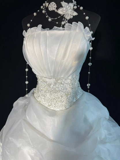 Timeless Women's Ball Gown Strapless Sleeveless White Organza Tiered Pleated With Lace Long Vintage Corset Fitted 1920s Wedding Dresses AS011