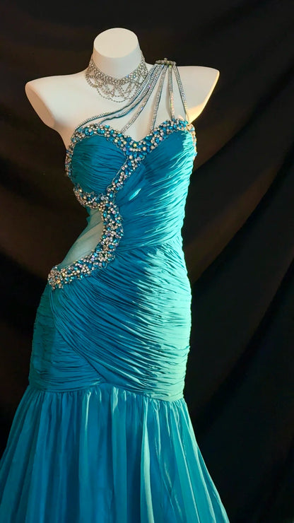 Modest Prom Dresses Mermaid One Shoulder Blue With Beading Long Evening Formal Outfits RB3353