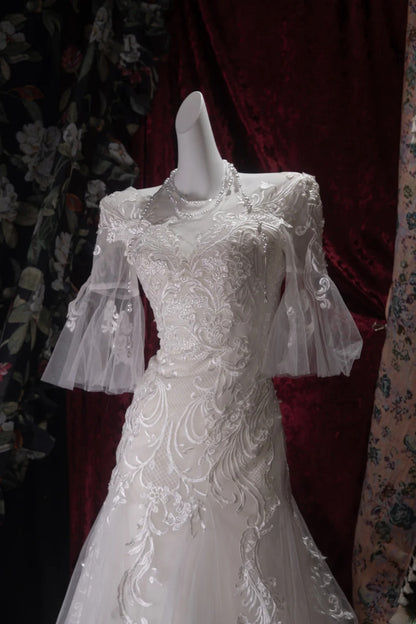 Vintage 80s Mermaid Strapless Lace Tulle White With Appliques Sleeves Brides Gown Bridal Dress Wedding Dresses RB8036
