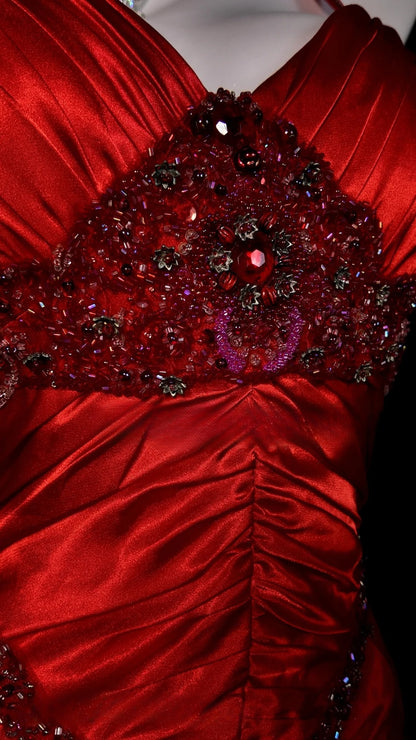 Red Prom Dress Mermaid Spaghetti Straps Satin Modest Floor Length Formal Party Gown RB9819