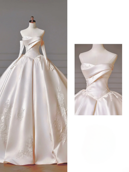 Princess Long Wedding Gowns Ball Gown Sweetheart Pleated Tulle for Bride With Removable Sleeves White Bridal Dress AQ011