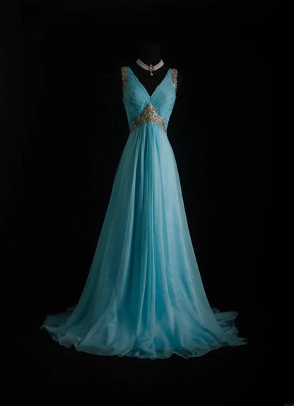 Vintage Prom Dresses 90s Formal A line V Neck Blue Chiffon Long Party Gowns Prom Dresses AS011
