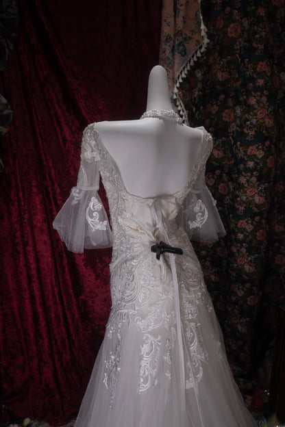 Vintage 80s Mermaid Strapless Lace Tulle White With Appliques Sleeves Brides Gown Bridal Dress Wedding Dresses RB8036