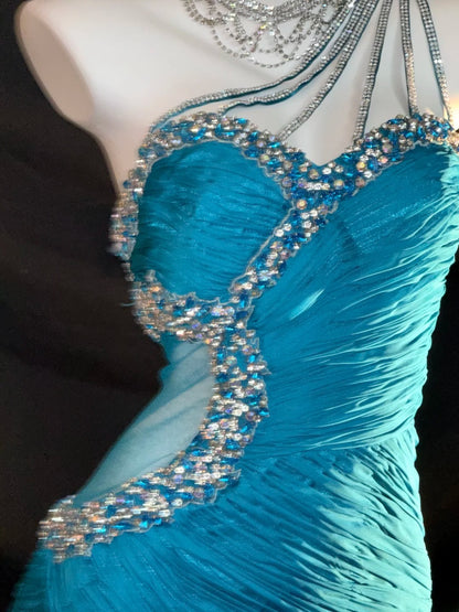 Modest Prom Dresses Mermaid One Shoulder Blue With Beading Long Evening Formal Outfits RB3353