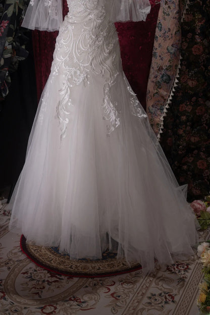 Vintage 80s Mermaid Strapless Lace Tulle White With Appliques Sleeves Brides Gown Bridal Dress Wedding Dresses RB8036