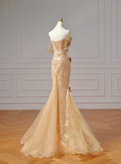 Chic Prom Dresses Aesthetic Mermaid Strapless Gold Sequins With Butterfly Inspiration Impress Long Party Formal Gown For Teenagers High Schools AQ012