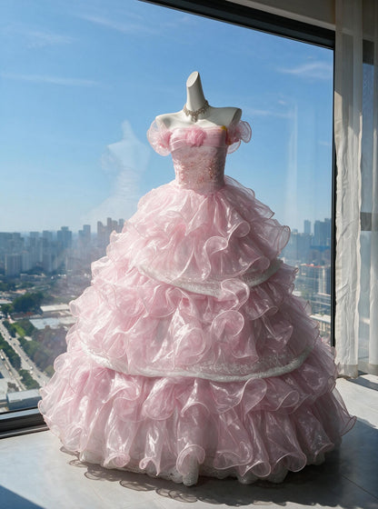 Fairy Quinceanera Dress Ball Gown Off The Shoulder Pink With Layers Tiered 16th Birthday Party Outfit RC0972