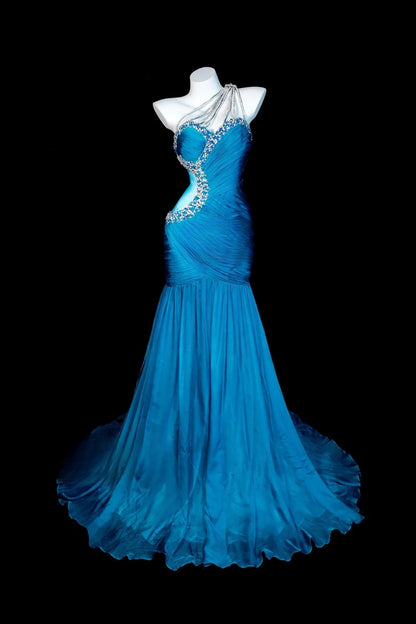 Blue Prom Dress Mermaid One Shoulder Satin Modest Floor Length Formal Party Gown RB9820