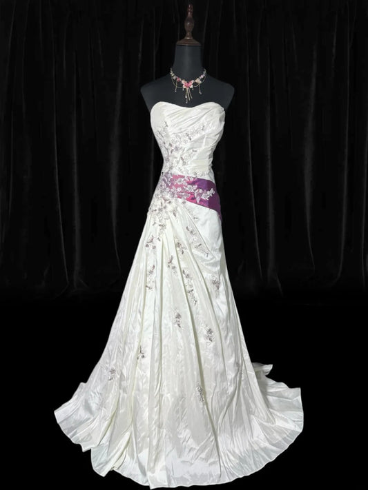 Timeless Women's Mermaid Strapless Sleeveless White Satin Tiered Pleated With Appliques Long Vintage Corset Fitted 1920s Wedding Dresses AS012