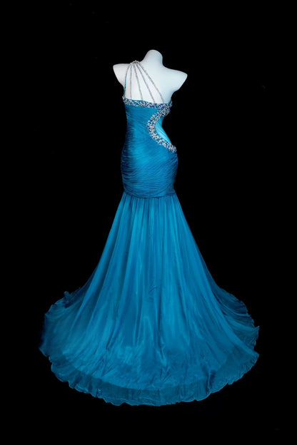Blue Prom Dress Mermaid One Shoulder Satin Modest Floor Length Formal Party Gown RB9820