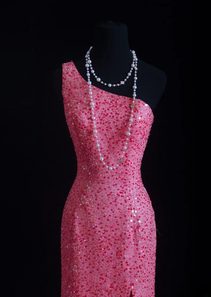 Vintage Prom Dresses 90s Formal Sheath One Shoulder Pink Sequins Long Party Gowns Prom Dresses AS012