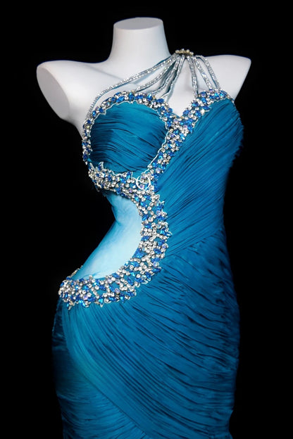Blue Prom Dress Mermaid One Shoulder Satin Modest Floor Length Formal Party Gown RB9820