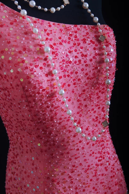 Vintage Prom Dresses 90s Formal Sheath One Shoulder Pink Sequins Long Party Gowns Prom Dresses AS012