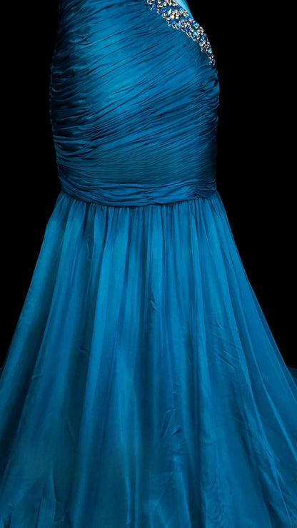 Blue Prom Dress Mermaid One Shoulder Satin Modest Floor Length Formal Party Gown RB9820