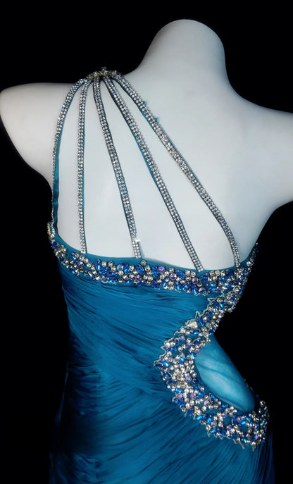 Blue Prom Dress Mermaid One Shoulder Satin Modest Floor Length Formal Party Gown RB9820