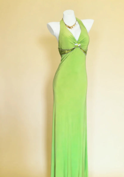 Unique Sheath Halter Green 90s With Beaded Bodice For Women Long Prom Dress 20th Birthday Gowns AS013
