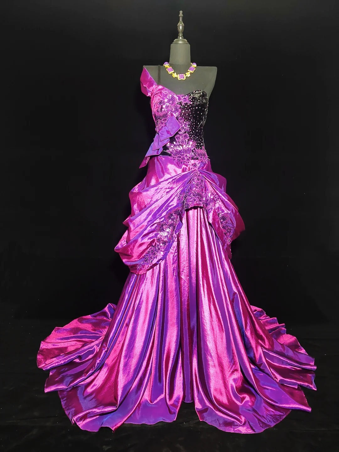 Modest A Line One Shoulder Hot Pink Satin Sleeveless Long Prom Dresses High School Senior Graduation Dance Party Outfits AS013