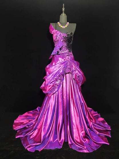 Modest A Line One Shoulder Hot Pink Satin Sleeveless Long Prom Dresses High School Senior Graduation Dance Party Outfits AS013