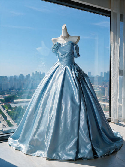 Fairy Quinceanera Dress Ball Gown Off The Shoulder Blue With Flowers Satin 16th Birthday Party Outfit RC0973