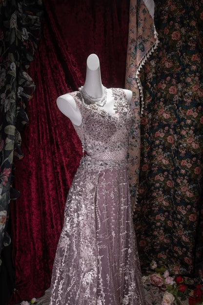 Elegant A Line V Neck Lilac Tulle With Beading Long Prom Dresses Formal Outfit Evening Night Dress RB8038