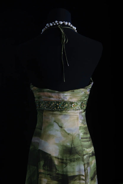 Vintage Prom Dresses 90s Formal Mermaid Halter Floral Green Mid Length Chiffon Party Gowns Prom Dresses AS014