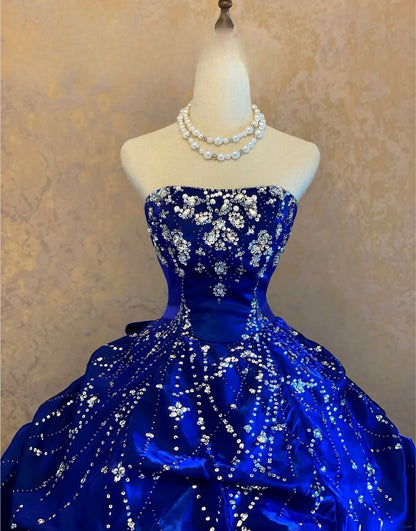 Glam Ball Gown Strapless Royal Blue Quinceanera Dresses For Sweet 15 15 Anos Celebration Birthday Prom Gown RB9011