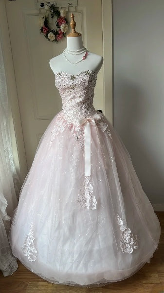 Sweet 16 Dresses Long Sweetheart Pink Tulle Lace Appliqued Ball Gown Sweet Sixteen Birthday Gown RC0384