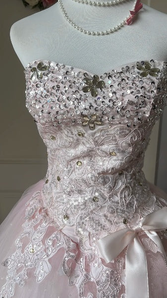 Sweet 16 Dresses Long Sweetheart Pink Tulle Lace Appliqued Ball Gown Sweet Sixteen Birthday Gown RC0384