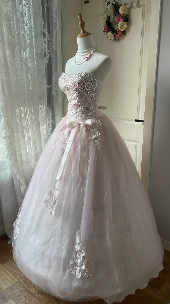 Sweet 16 Dresses Long Sweetheart Pink Tulle Lace Appliqued Ball Gown Sweet Sixteen Birthday Gown RC0384