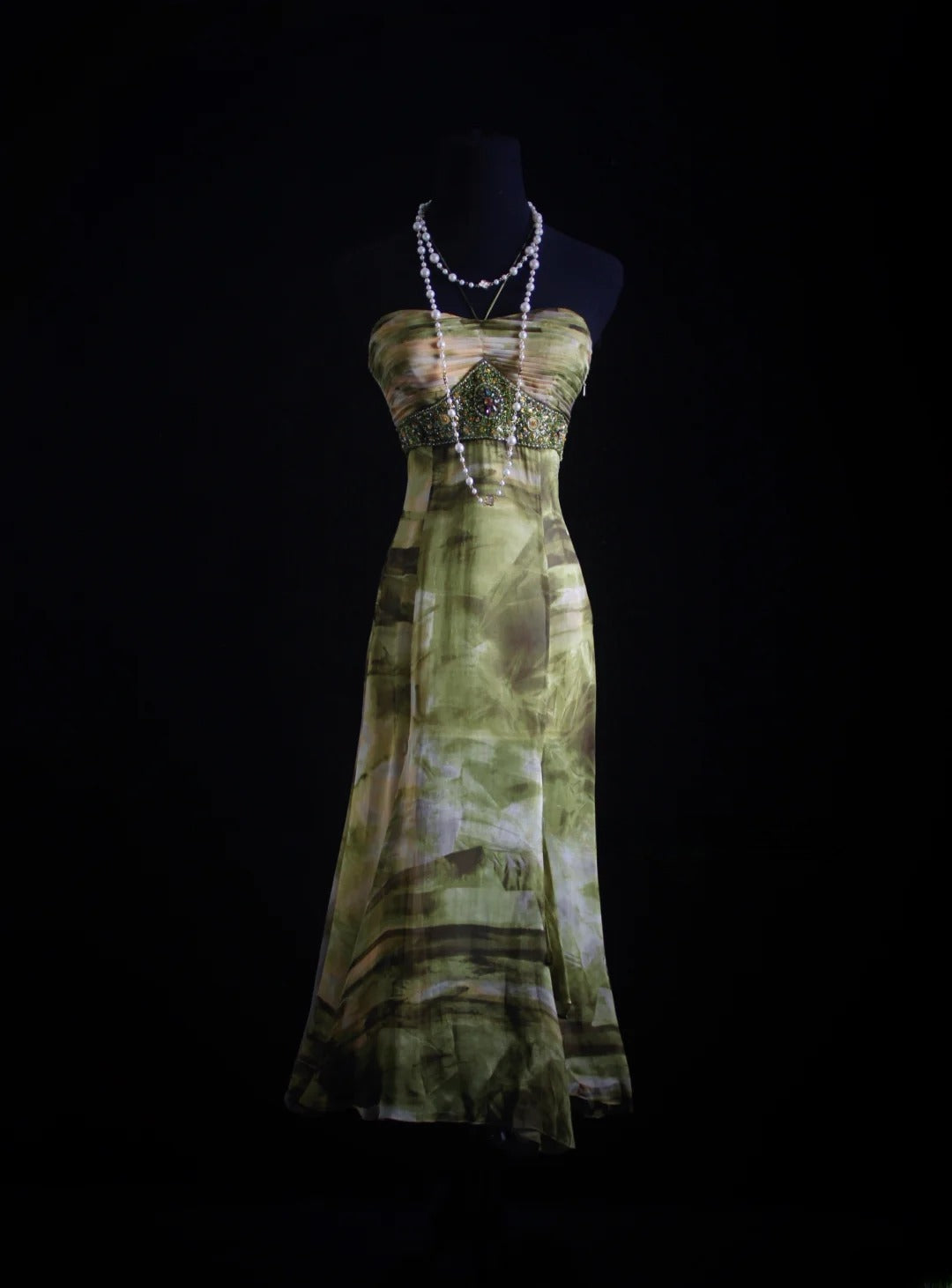 Vintage Prom Dresses 90s Formal Mermaid Halter Floral Green Mid Length Chiffon Party Gowns Prom Dresses AS014