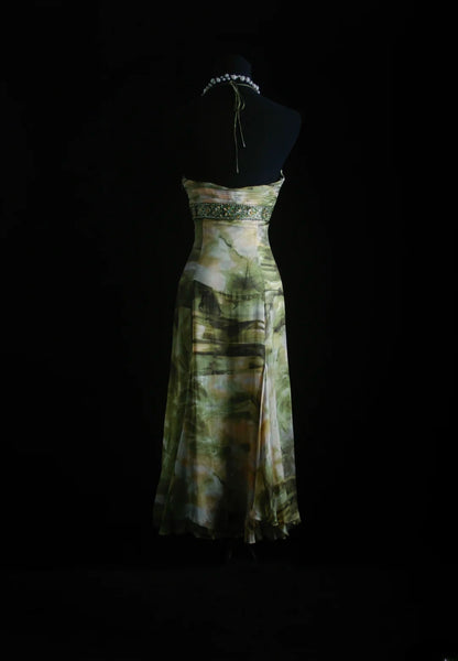 Vintage Prom Dresses 90s Formal Mermaid Halter Floral Green Mid Length Chiffon Party Gowns Prom Dresses AS014