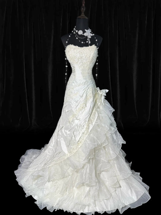 Wedding Dresses Strapless Drop Waist 1950s 1940s Mermaid Strapless Lace With Appliques White Petite/Plus Size Bridal Gown For Women AS014